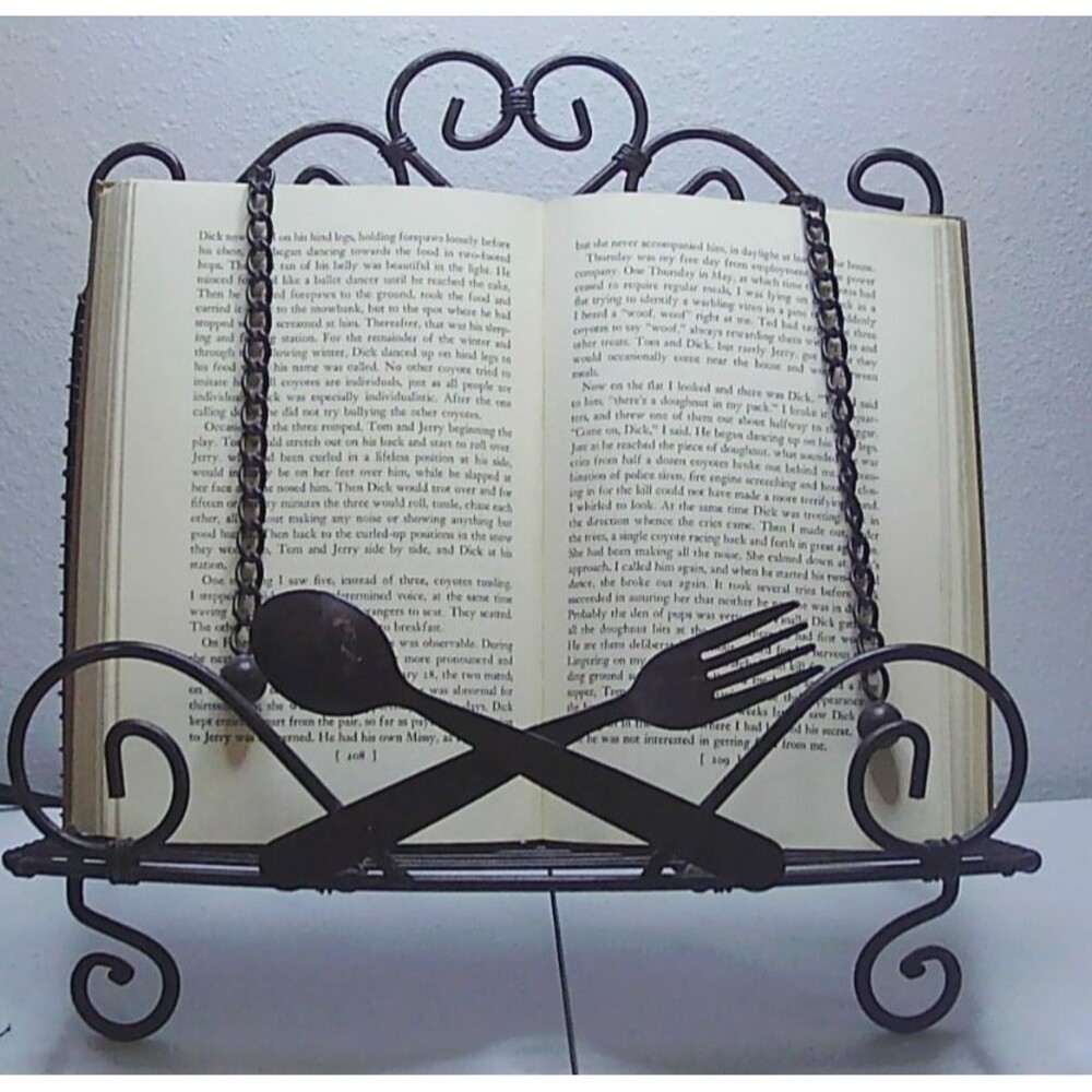 Metal Cookbook Stand Holder-Easel style-Weighted Page Holders-Spoon+Fork Front
